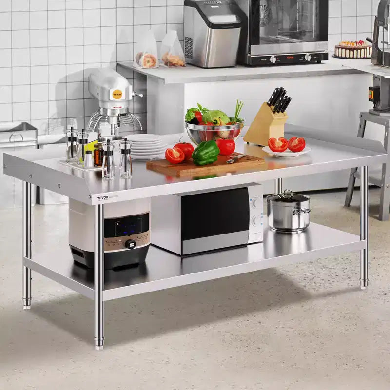 Tavolo da lavoro in acciaio inossidabile, 76 x 152 x 66 cm, tavolo da lavoro commerciale per la preparazione di alimenti con alzatina su 3 lati