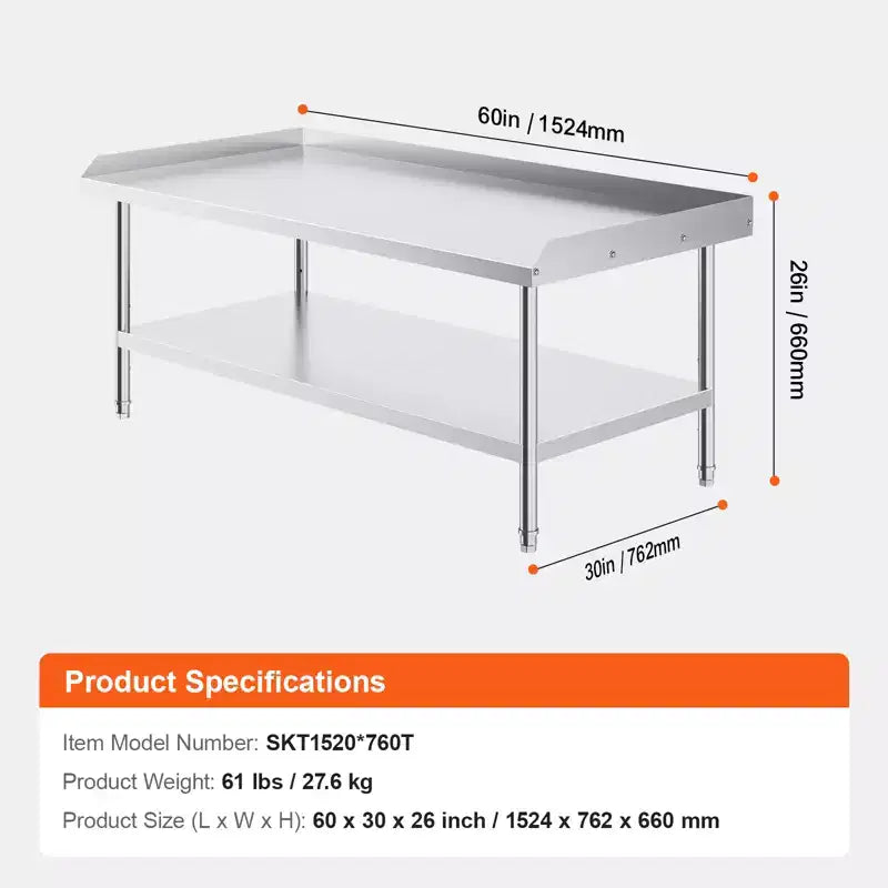 Tavolo da lavoro in acciaio inossidabile, 76 x 152 x 66 cm, tavolo da lavoro commerciale per la preparazione di alimenti con alzatina su 3 lati