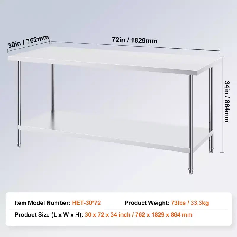 Tavolo da preparazione in acciaio inossidabile, 76 x 183 x 86 cm, banco da lavoro in metallo per impieghi gravosi con 3 livelli di altezza regolabili