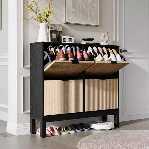 4-Drawer Shoe Cabinet - Farmhouse Fluted Design with Metal Legs, Slim Entryway Organizer for Foyer, Hallway