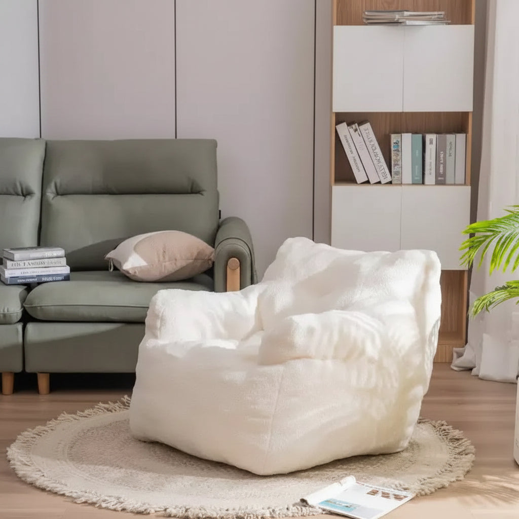 Soft Teddy Fabric Tufted Foam Bean Bag Chair With Teddy Fabric Ivory White
