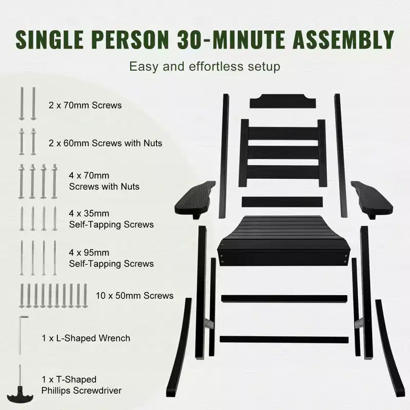 Sedia a dondolo da portico alta con braccioli, dondolo da esterno in HIPS, supporta fino a 180 kg, nero