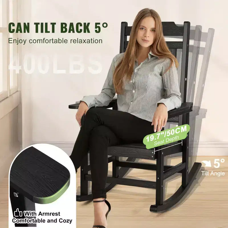 Sedia a dondolo da portico alta con braccioli, dondolo da esterno in HIPS, supporta fino a 180 kg, nero