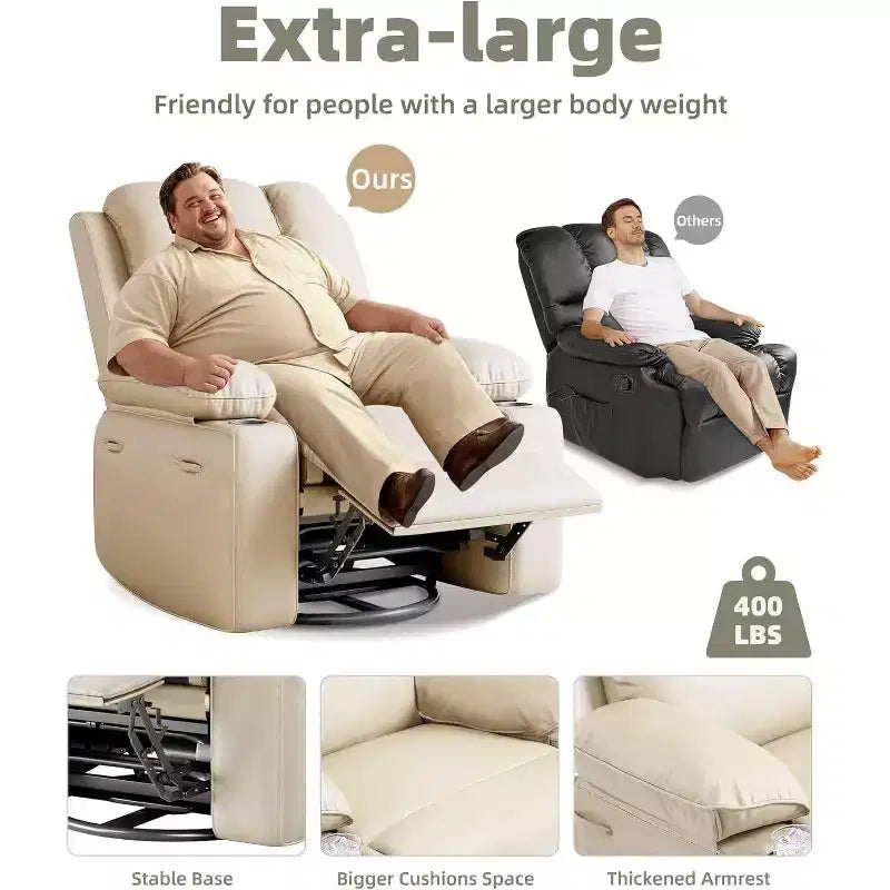 Poltrona Reclinabile Oversize con Funzioni Calore e Massaggio, Girevole a 360°, Dondolo Manuale e Portabicchieri