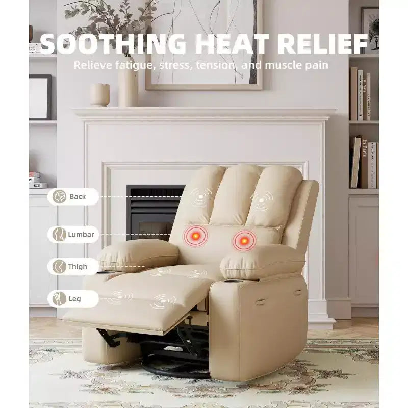 Poltrona Reclinabile Oversize con Funzioni Calore e Massaggio, Girevole a 360°, Dondolo Manuale e Portabicchieri