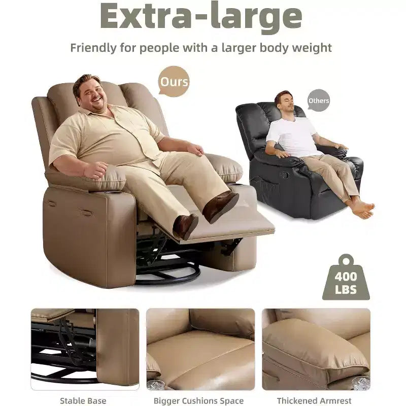 Poltrona Reclinabile Oversize con Funzioni Calore e Massaggio, Girevole a 360°, Dondolo Manuale e Portabicchieri