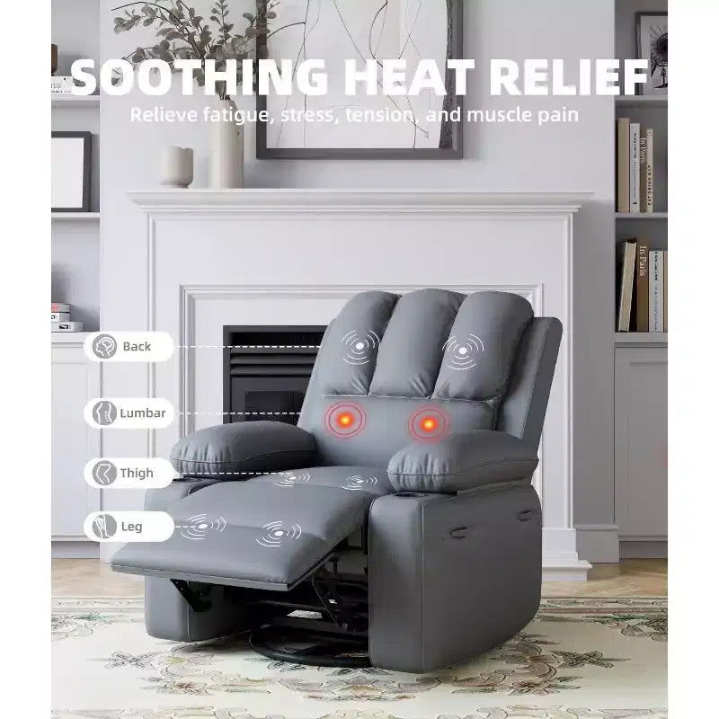 Poltrona Reclinabile Oversize con Funzioni Calore e Massaggio, Girevole a 360°, Dondolo Manuale e Portabicchieri