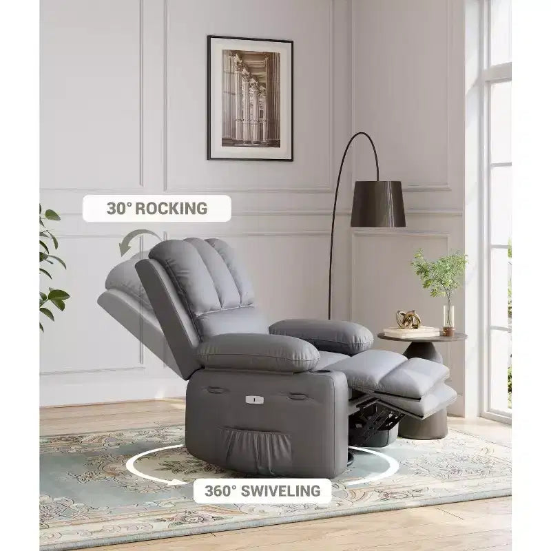Poltrona Reclinabile Oversize con Funzioni Calore e Massaggio, Girevole a 360°, Dondolo Manuale e Portabicchieri