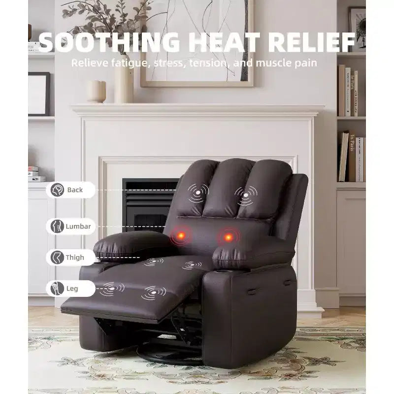 Poltrona Reclinabile Oversize con Funzioni Calore e Massaggio, Girevole a 360°, Dondolo Manuale e Portabicchieri