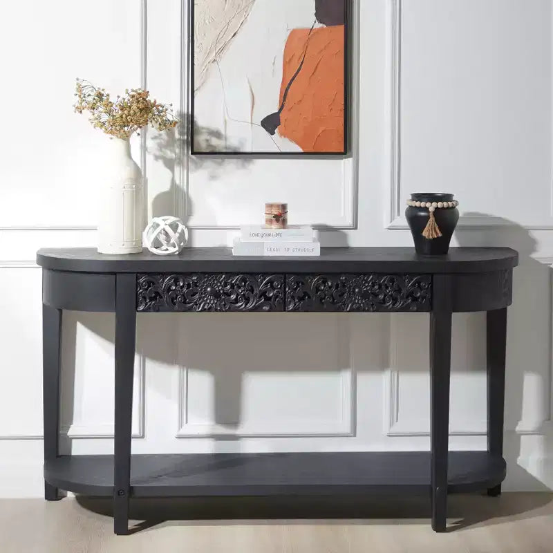 GDFStudio Faithe Mid-Century Modern 59.2 Carved Wooden Console Table with Storage Shelf and 2 Drawers