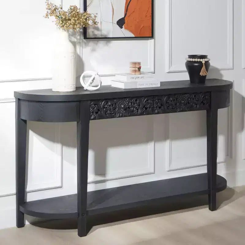 Console da 59,2" in legno intagliato con ripiano e 2 cassetti