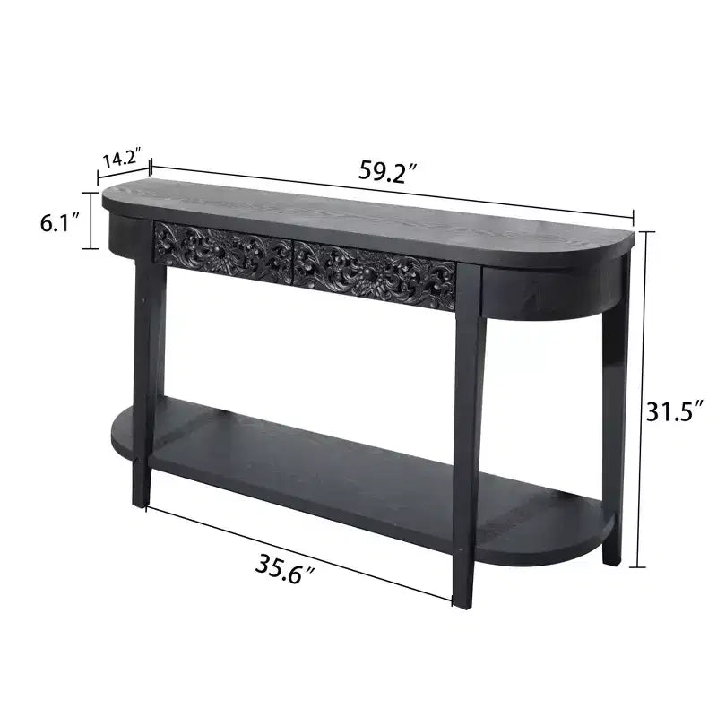Console da 59,2" in legno intagliato con ripiano e 2 cassetti