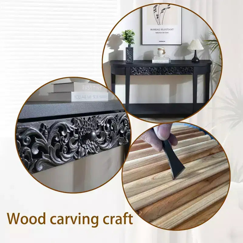Console da 59,2" in legno intagliato con ripiano e 2 cassetti