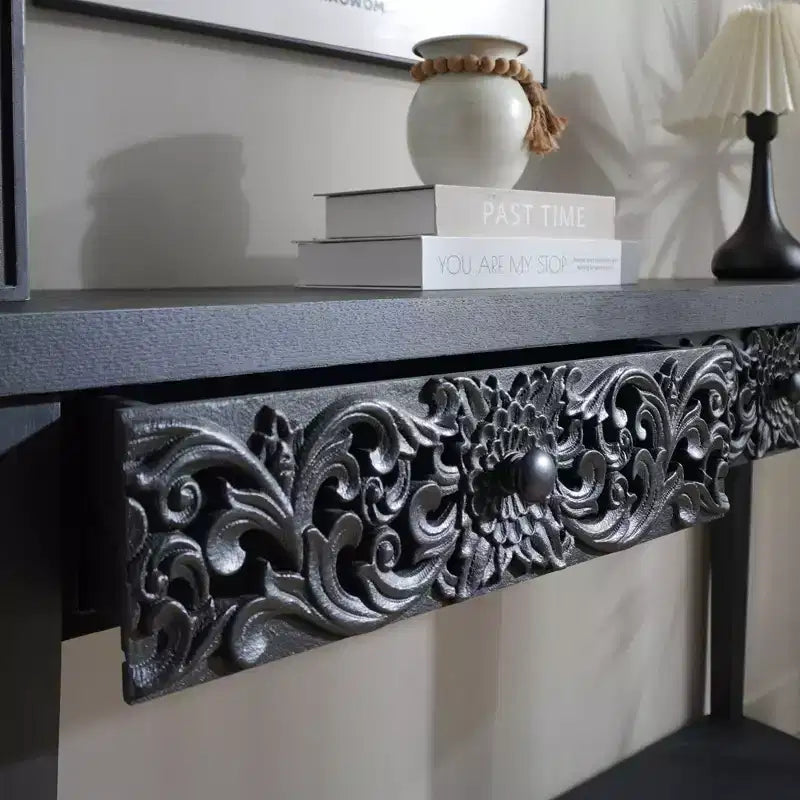 Console da 59,2" in legno intagliato con ripiano e 2 cassetti