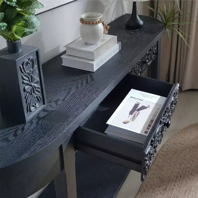 Console da 59,2" in legno intagliato con ripiano e 2 cassetti