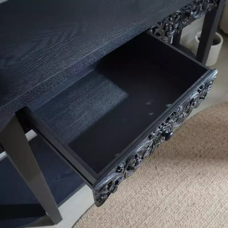 Console da 59,2" in legno intagliato con ripiano e 2 cassetti