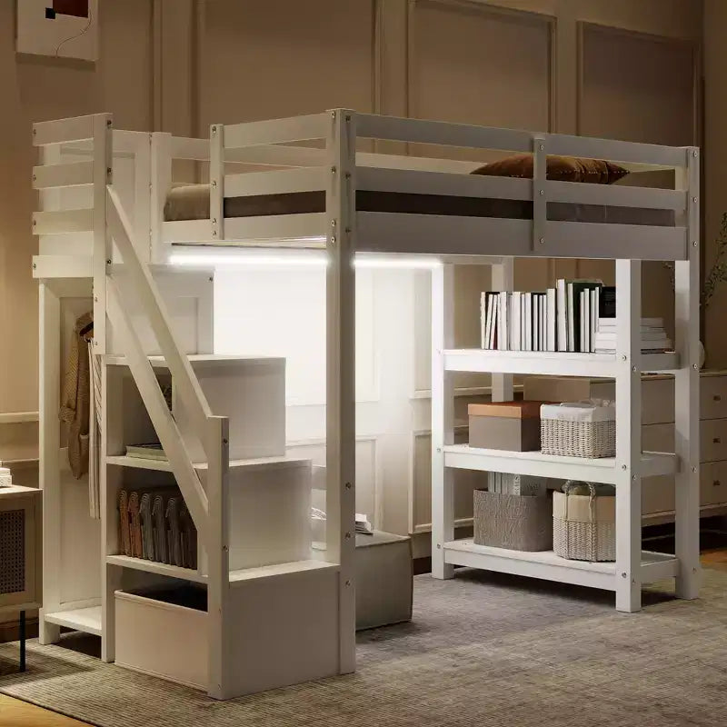 Twin/Full Size Loft Bed with Shelves, Storage Staircase, Small Wardrobe and White LED Light, White - ModernLuxe