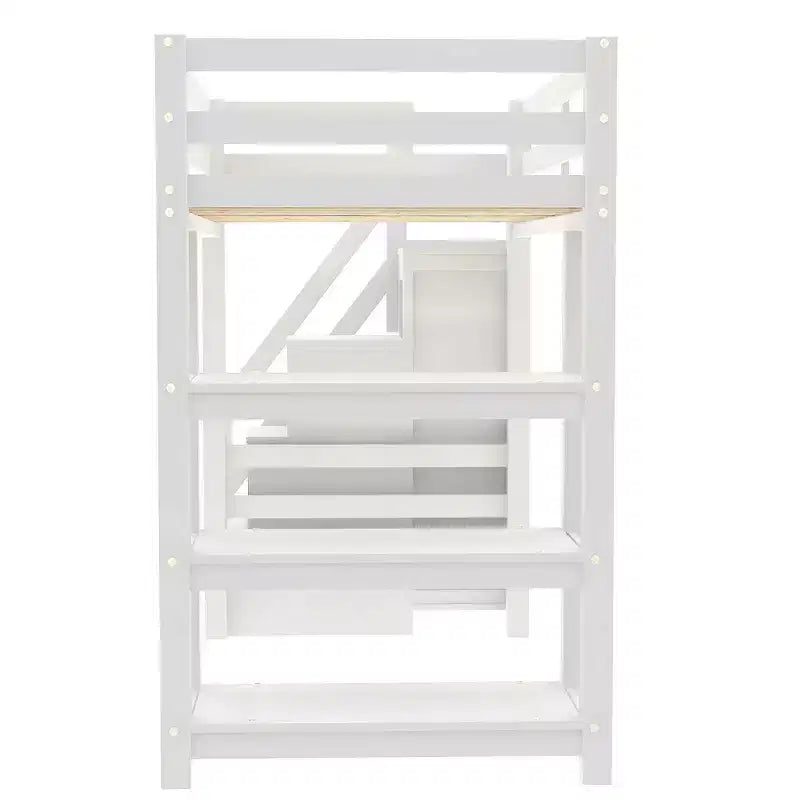 Letto a soppalco da una piazza e mezza/matrimoniale con mensole, scala contenitore, piccolo armadio e luce LED, Bianco