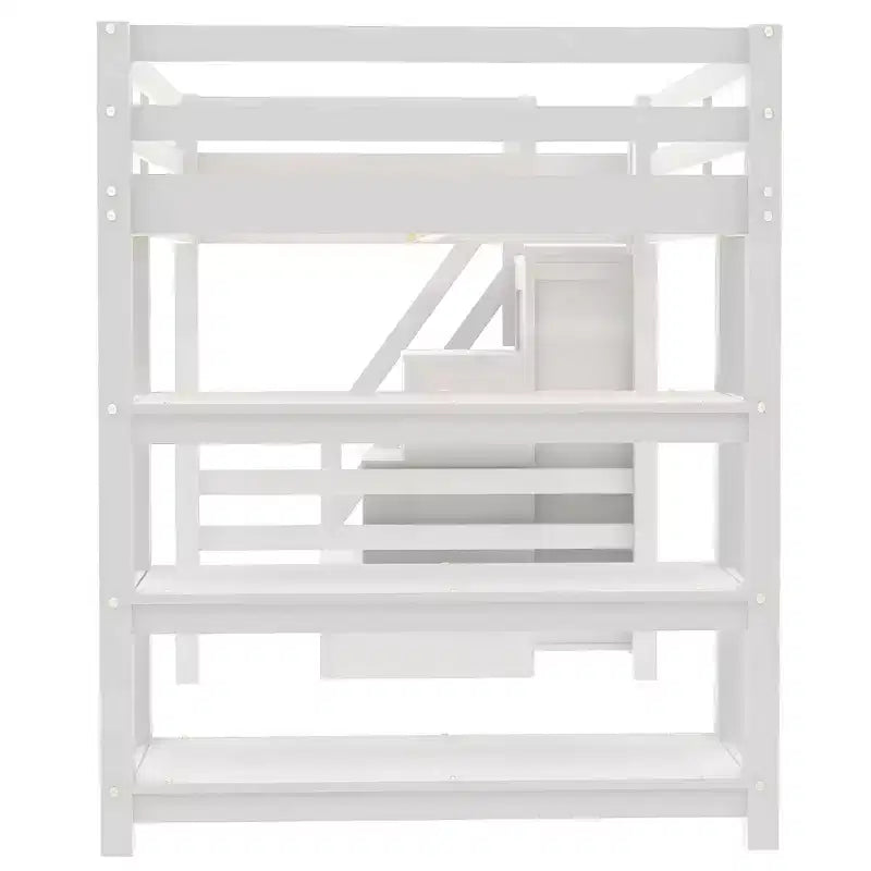 Letto a soppalco da una piazza e mezza/matrimoniale con mensole, scala contenitore, piccolo armadio e luce LED, Bianco