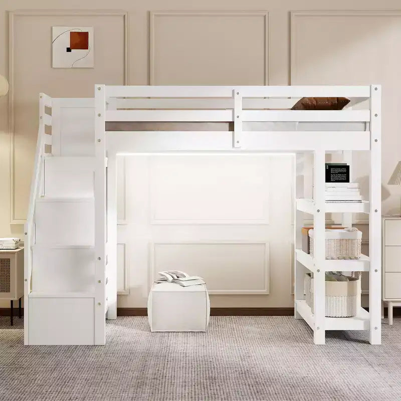 Letto a soppalco da una piazza e mezza/matrimoniale con mensole, scala contenitore, piccolo armadio e luce LED, Bianco