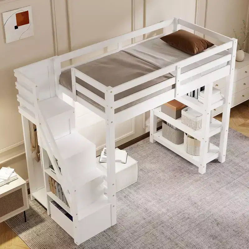 Letto a soppalco da una piazza e mezza/matrimoniale con mensole, scala contenitore, piccolo armadio e luce LED, Bianco