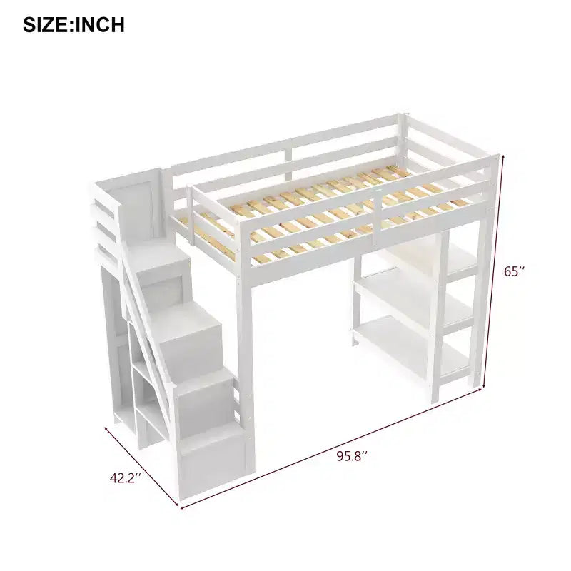 Letto a soppalco da una piazza e mezza/matrimoniale con mensole, scala contenitore, piccolo armadio e luce LED, Bianco