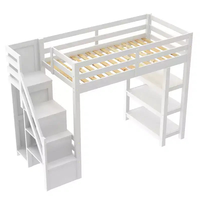 Letto a soppalco da una piazza e mezza/matrimoniale con mensole, scala contenitore, piccolo armadio e luce LED, Bianco