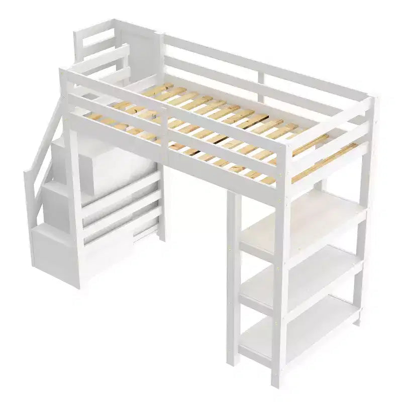 Letto a soppalco da una piazza e mezza/matrimoniale con mensole, scala contenitore, piccolo armadio e luce LED, Bianco