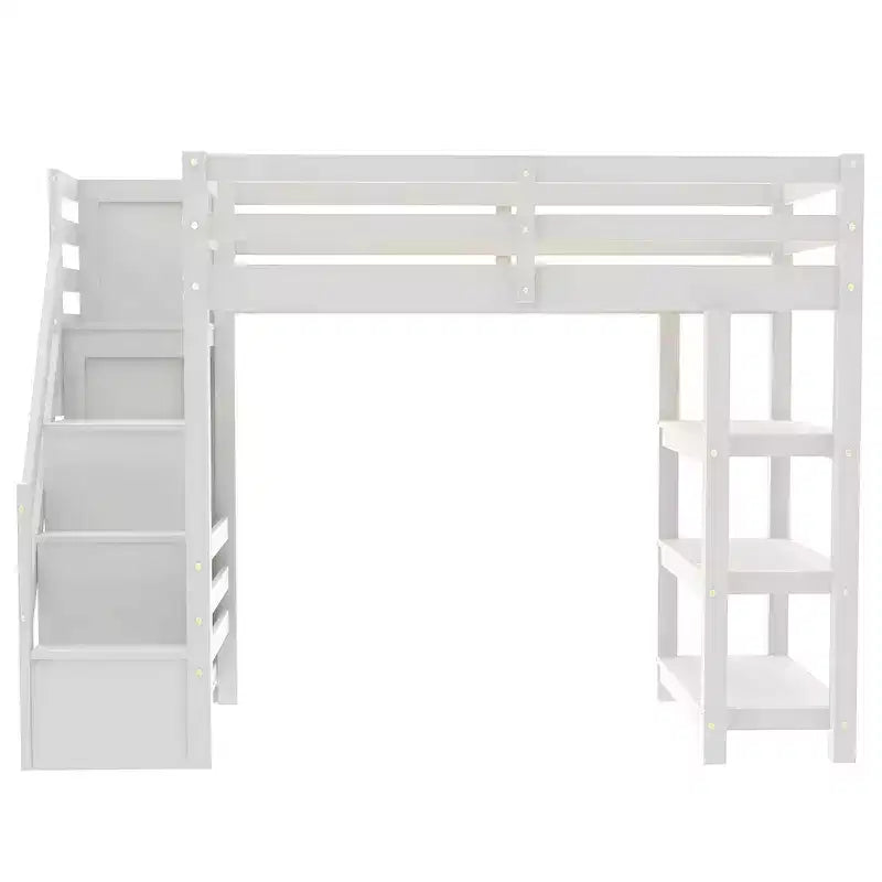 Letto a soppalco da una piazza e mezza/matrimoniale con mensole, scala contenitore, piccolo armadio e luce LED, Bianco