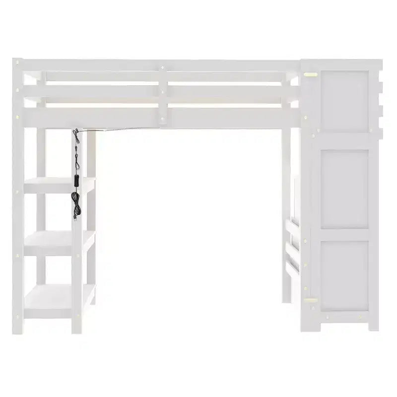 Letto a soppalco da una piazza e mezza/matrimoniale con mensole, scala contenitore, piccolo armadio e luce LED, Bianco