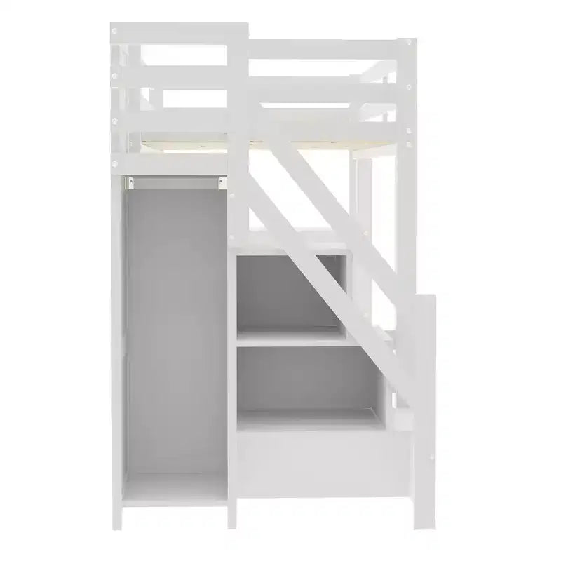 Letto a soppalco da una piazza e mezza/matrimoniale con mensole, scala contenitore, piccolo armadio e luce LED, Bianco