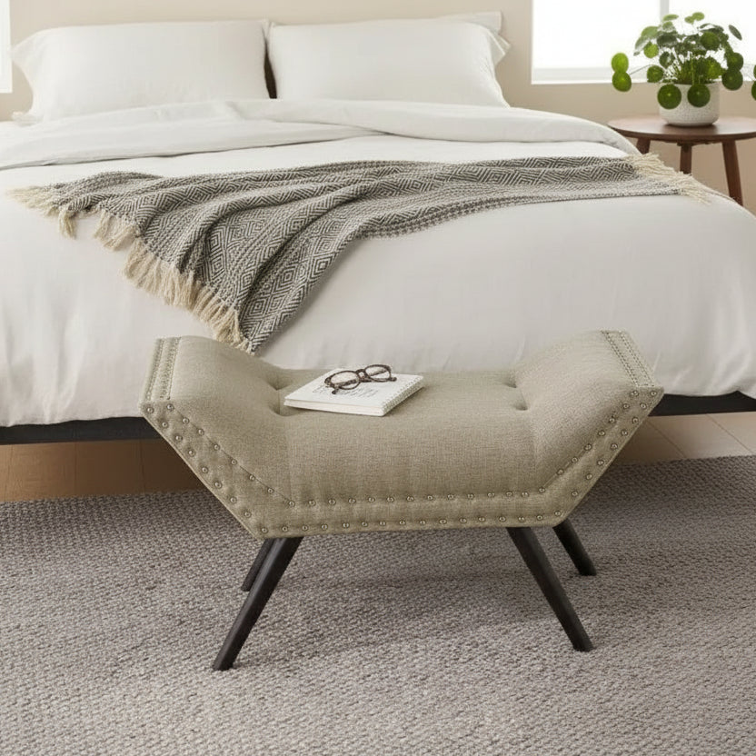 Pouf contenitore imbottito in tessuto contemporaneo con bottoni e borchie decorative
