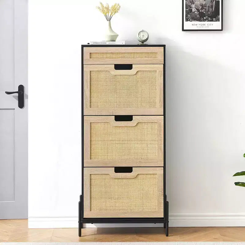 Scarpiera in Rattan con 3 Cassetti a Ribalta, 1 Cassetto Superiore e 4 Ripiani Regolabili – Organizzatore Autoportante da Ingresso con Gambe in Metallo