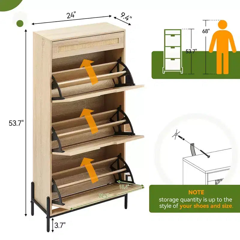 Scarpiera in Rattan con 3 Cassetti a Ribalta, 1 Cassetto Superiore e 4 Ripiani Regolabili – Organizzatore Autoportante da Ingresso con Gambe in Metallo