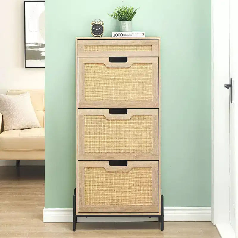 Scarpiera in Rattan con 3 Cassetti a Ribalta, 1 Cassetto Superiore e 4 Ripiani Regolabili – Organizzatore Autoportante da Ingresso con Gambe in Metallo