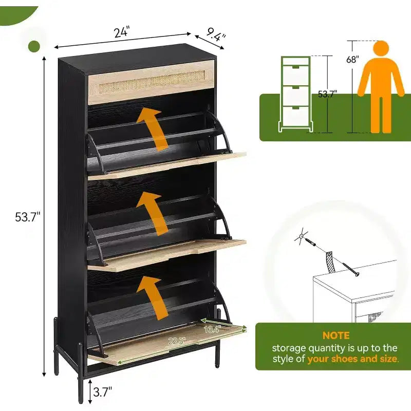 Scarpiera in Rattan con 3 Cassetti a Ribalta, 1 Cassetto Superiore e 4 Ripiani Regolabili – Organizzatore Autoportante da Ingresso con Gambe in Metallo