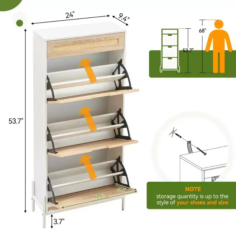 Scarpiera in Rattan con 3 Cassetti a Ribalta, 1 Cassetto Superiore e 4 Ripiani Regolabili – Organizzatore Autoportante da Ingresso con Gambe in Metallo