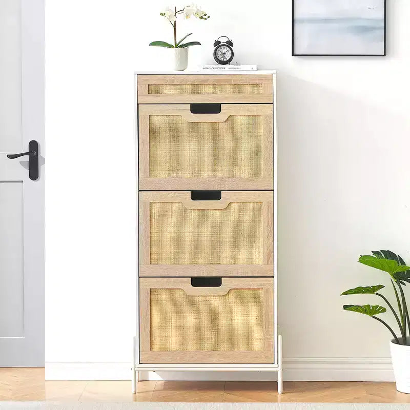Scarpiera in Rattan con 3 Cassetti a Ribalta, 1 Cassetto Superiore e 4 Ripiani Regolabili – Organizzatore Autoportante da Ingresso con Gambe in Metallo