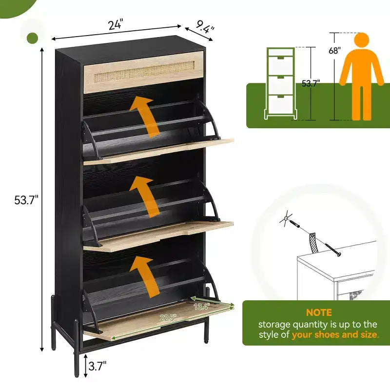 Scarpiera in Rattan con 3 Cassetti a Ribalta, 1 Cassetto Superiore e 4 Ripiani Regolabili – Organizzatore Autoportante da Ingresso con Gambe in Metallo