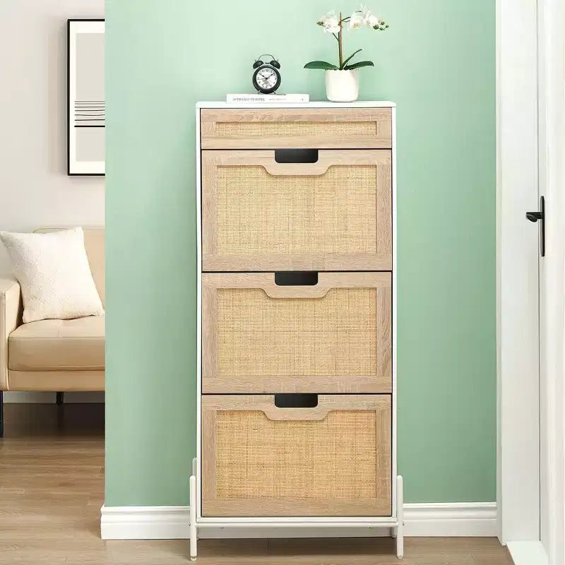 Scarpiera in Rattan con 3 Cassetti a Ribalta, 1 Cassetto Superiore e 4 Ripiani Regolabili – Organizzatore Autoportante da Ingresso con Gambe in Metallo