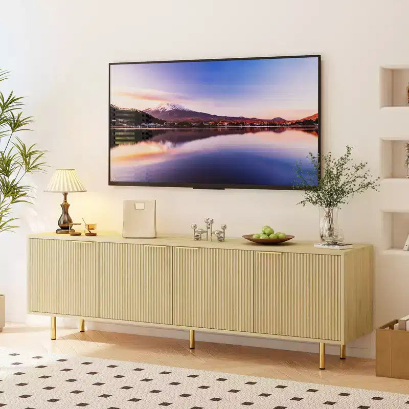 Zevemomo 68.89 TV Stand for TVs up to 75'', Fluted TV Console with 5 Storage Compartments & Sturdy Metal Legs, for Living Room, Natual Oak