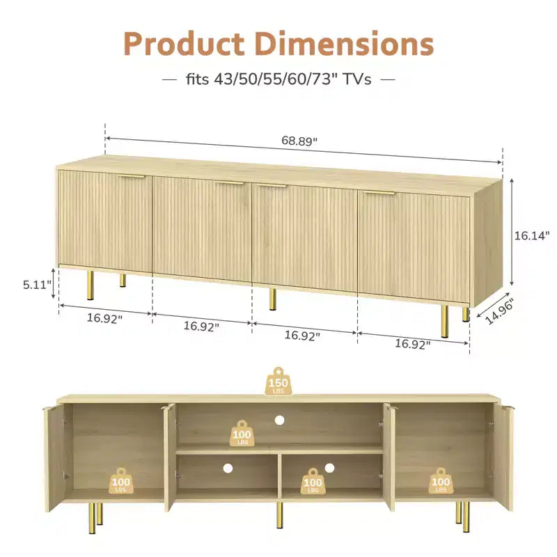 Mobile porta TV da 68.89" per TV fino a 75", consolle TV scanalata con 5 scomparti e gambe robuste in metallo, rovere naturale