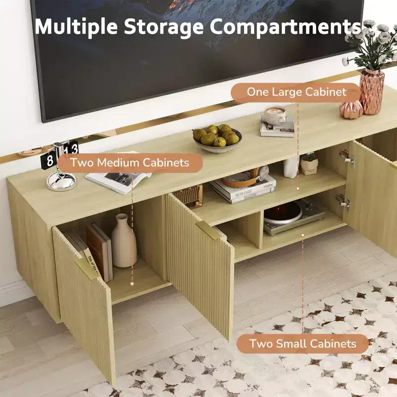 Mobile porta TV da 68.89" per TV fino a 75", consolle TV scanalata con 5 scomparti e gambe robuste in metallo, rovere naturale