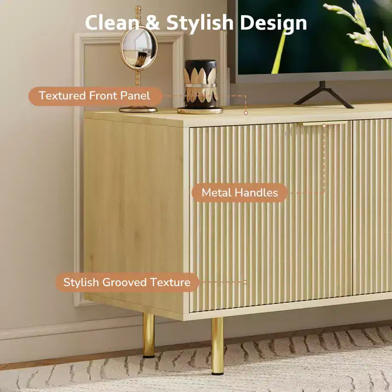 Mobile porta TV da 68.89" per TV fino a 75", consolle TV scanalata con 5 scomparti e gambe robuste in metallo, rovere naturale