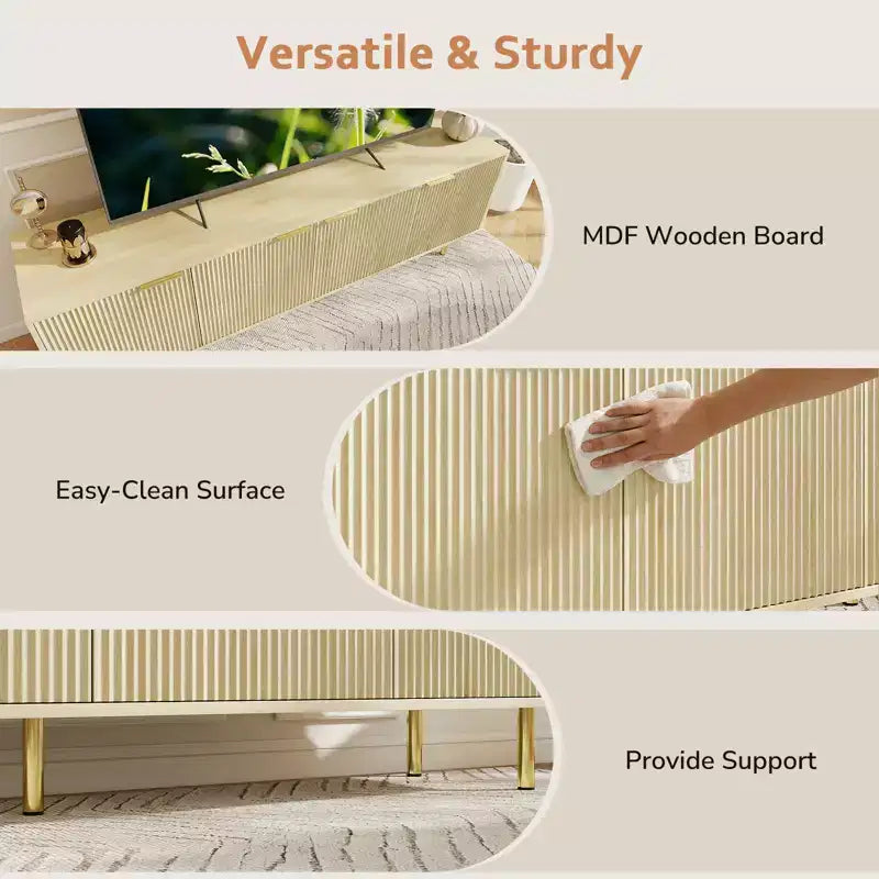 Mobile porta TV da 68.89" per TV fino a 75", consolle TV scanalata con 5 scomparti e gambe robuste in metallo, rovere naturale