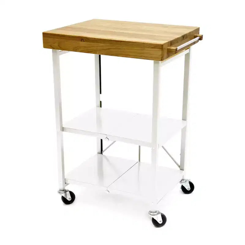 Origami Foldable Wheeled Portable Steel Frame/Solid Wood Top Kitchen Island Bar Cart with Open Shelving and Built In Towel Rack, Black