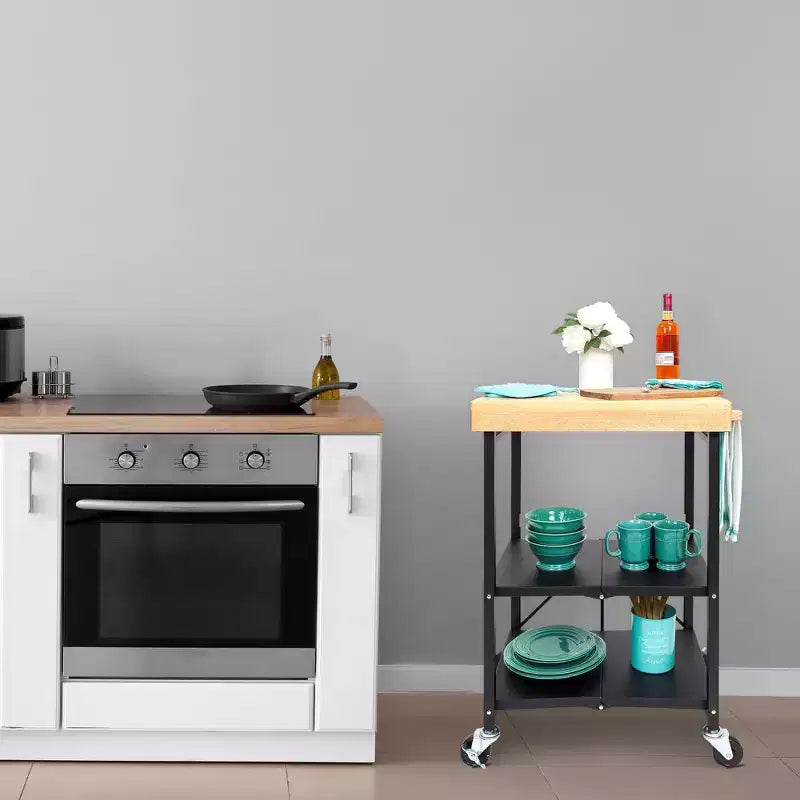 Carrello da Cucina Pieghevole con Ruote, Ripiani a Giorno e Portasciugamani Integrato