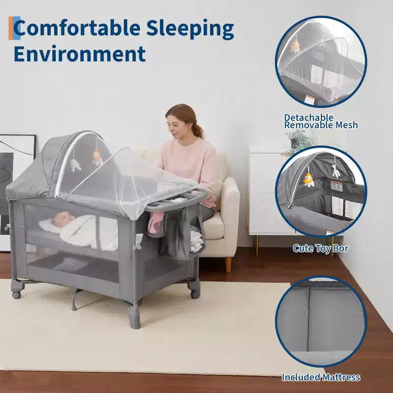 Culla e Lettino Fianco Letto 5-in-1 con Fasciatoio, Materasso, Giostrina e Zanzariera