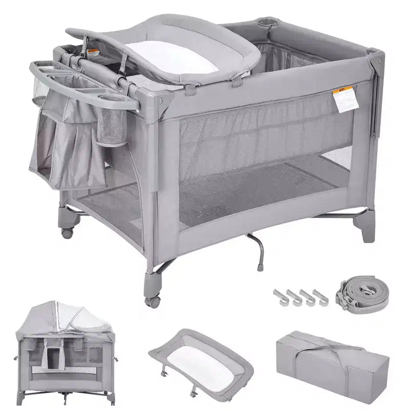 Culla e Lettino Fianco Letto 5-in-1 con Fasciatoio, Materasso, Giostrina e Zanzariera