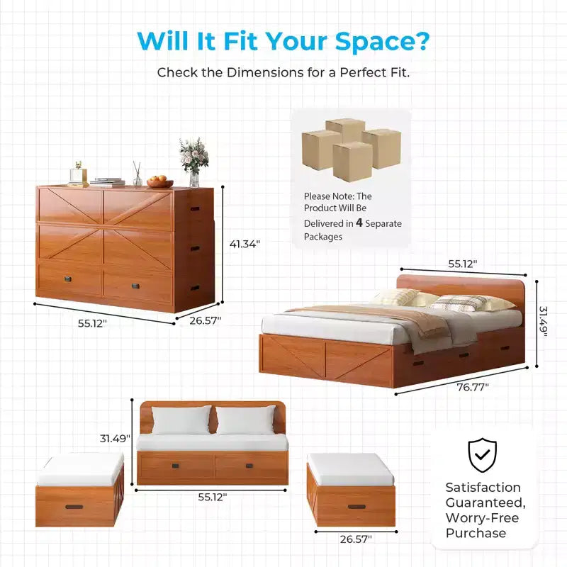 Letto Murphy trasformabile a grandezza naturale con materasso e cassetti, senza sponde, 4 finiture, telaio in legno massello